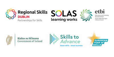Two lines of logos. From the top left corner to bottom right corner we have the logos of Regional Skills Dublin, Solas, etbi, Government of Ireland, Skills to Advance and European Year of Skills